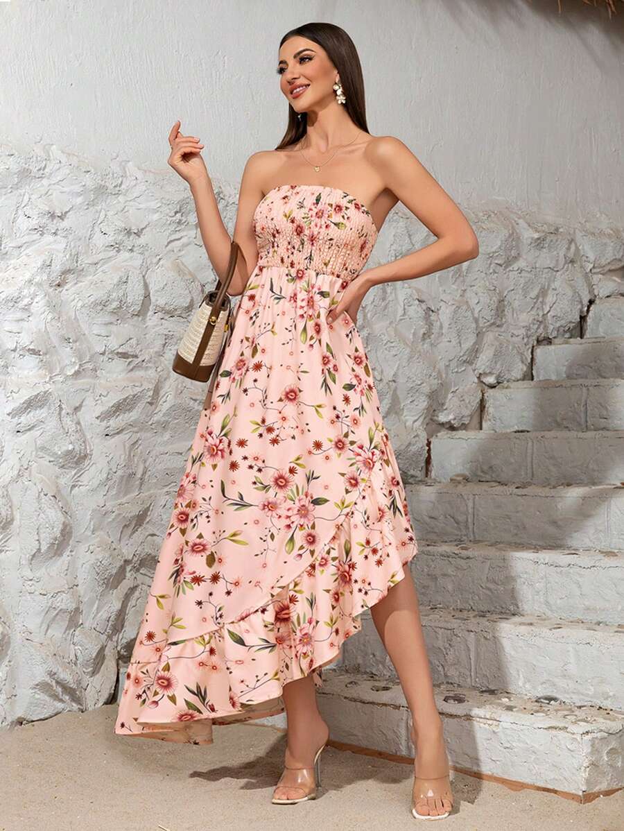 Women's Floral Print Dress With Flounce Hem, Sweet And Romantic Beach Vacation Dress (Family Matching Outfits, 2 Pieces Sold Separately)