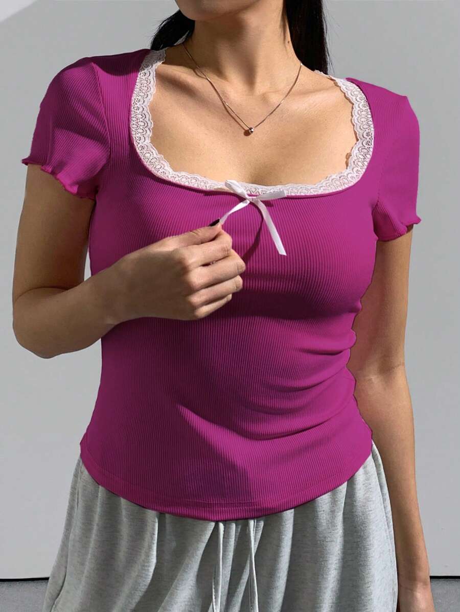 Calvaya Maglietta casual da donna taglie forti con maniche corte, decorata con pizzo a contrasto e fiocco