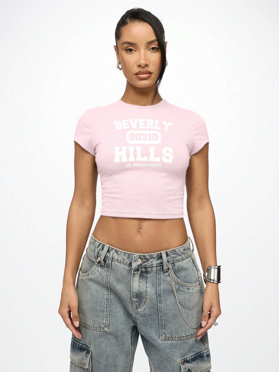 SUMWON WOMEN Beverly Hills Los Angeles County Baby Tee Graphic Print Short Sleeve Fitted Summer Casual Crop Top Retro Y2k Fashion Streetwear