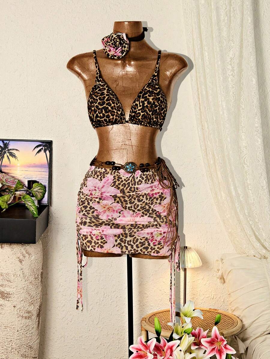 Flirla Sexy Ditsy Floral Drawstring Ruched Bodycon Mini Skirt