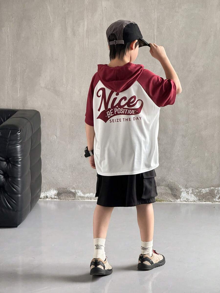 Camiseta de manga corta informal de manga raglán con estampado de letras para niños preadolescentes, de verano