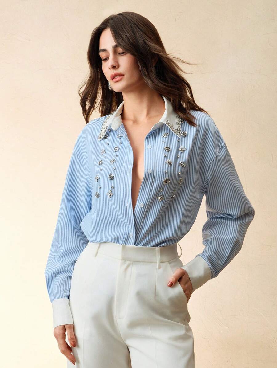 Anewsta Camicia maniche lunghe elegante, casual e da business, con design di primavera ed estate, realizzata artigianalmente con perline sulle unghie, con colore di contrasto blu e bianco versatile, stile chic e vecchio denaro