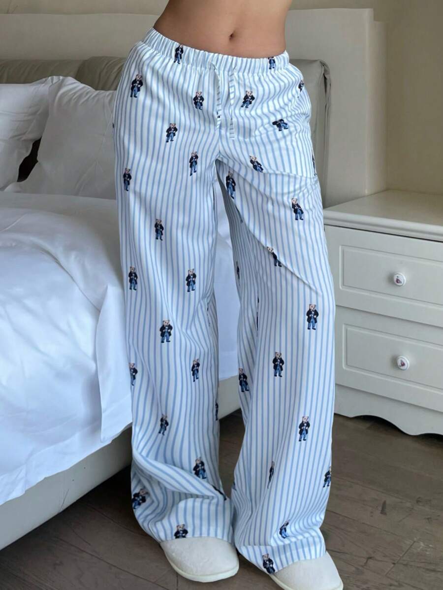 SHEIN Pantalones sueltos azul y blanco con rayas de verano versátiles y casuales para adolescentes
