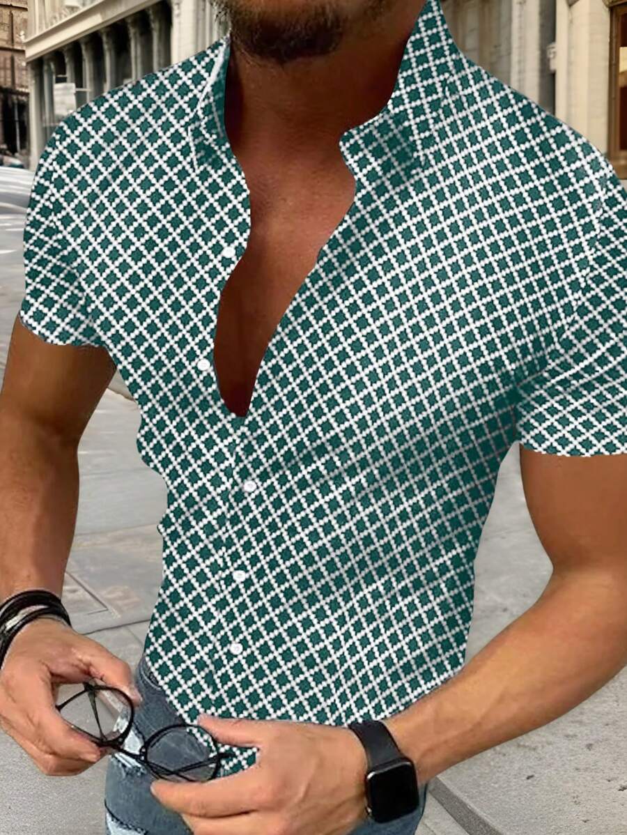 Manfinity RelaxMax Camisa casual de manga corta con estampado total y solapa para hombre, ideal para el día a día