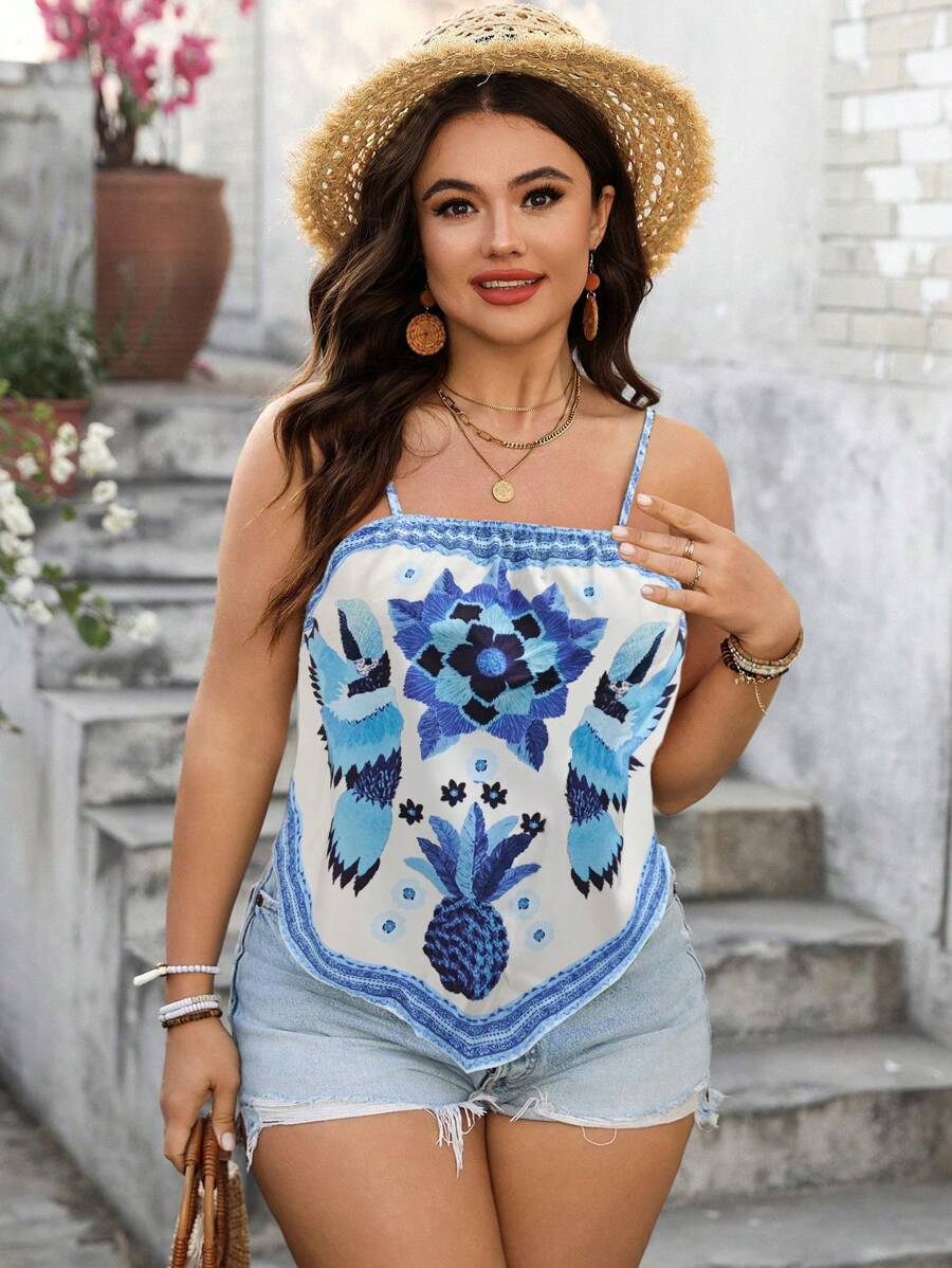 Breezaya Camiseta sin tirantes de mujer talla grande con estampado floral asimétrico para el Ramadán, casual para primavera y verano