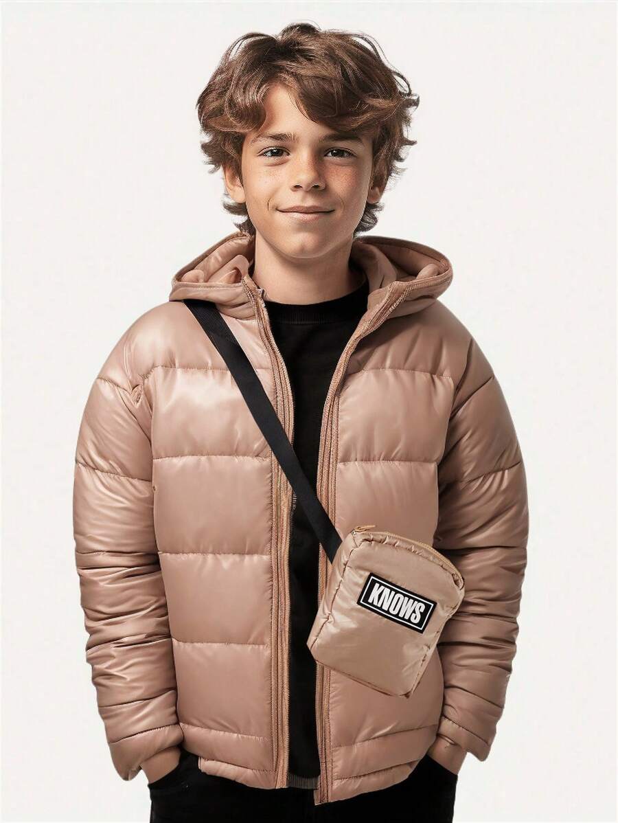 SHEIN 2 pezzi Cappotto imbottito casual per ragazzi pre-adolescenti con borsa accessorio, adatto per pendolarismo, scuola, quotidiano, sport, autunno e inverno