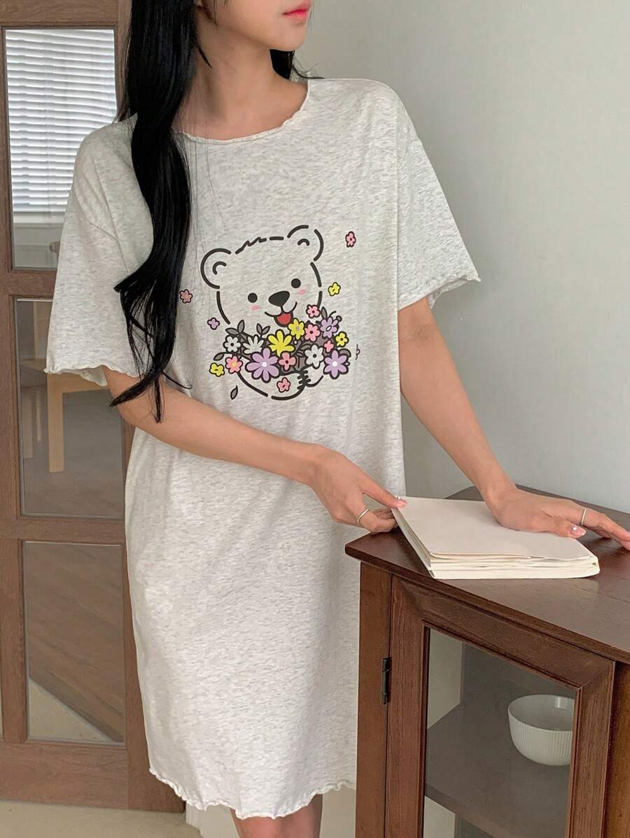 DAZY Camisón de mujer con estampado de oso de dibujos animados de manga corta, para invierno