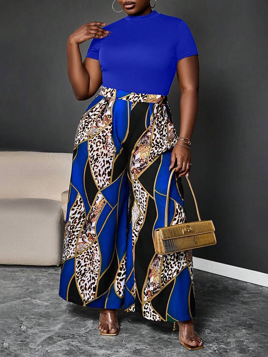 Maweii 2pcs Plus Size Solid Color Short Sleeve Top And Long Pants Set, Simple And Fashionable, Suitable For Summer