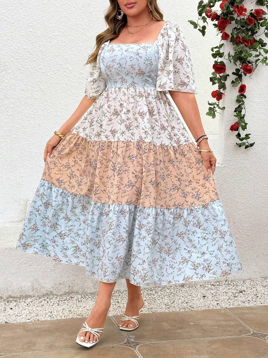 Breezaya Vestido midi elegante de vacaciones para mujeres con cuello cuadrado, mangas con volantes, parche de contraste de color y estampado floral en talla grande
