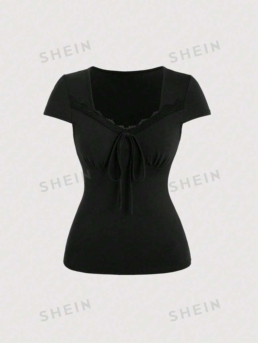 Sweetra Camiseta Con Escote Corazón Y Patchwork Floral De Encaje Para Mujer