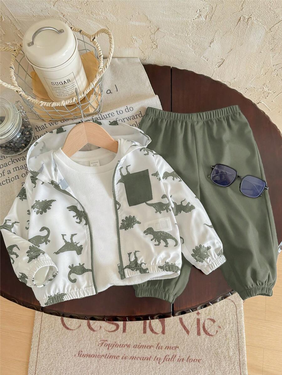 Conjunto de 2 piezas para bebé niño/niña, chaqueta ligera con capucha estampado de dinosaurio en contraste de color y pantalón liso de unicolor, adecuado para primavera, verano, otoño y viajes al aire libre
