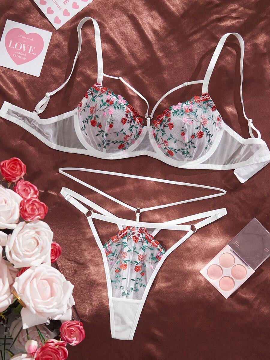 SHEIN 2 peças Conjunto de Lingerie Romântico e Pastoril Bordado Feminino