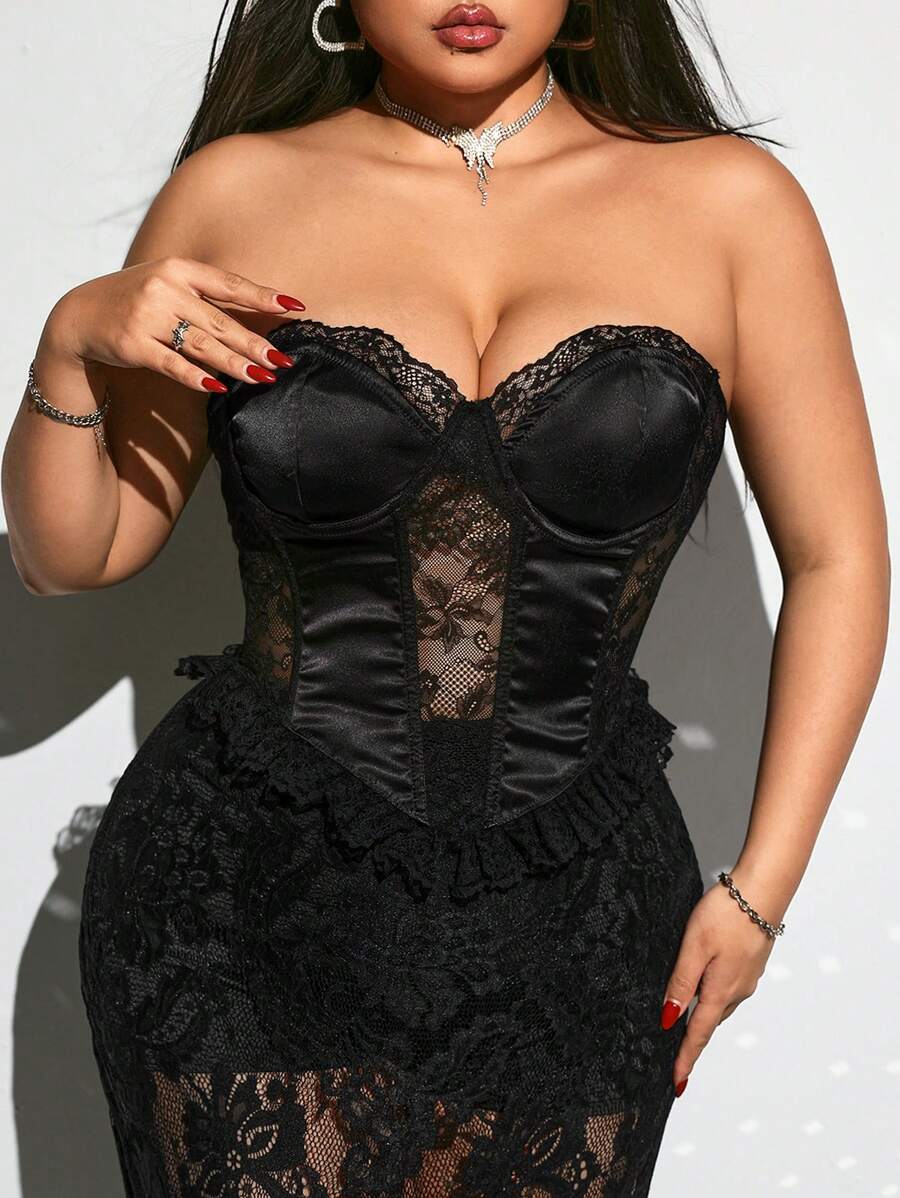 SHEIN ICON Plus Size Lace Patchwork Ruffle Trim Sexy Bustier, Wedding Guest Blouse, Lace Hollow Out Top, Date Outfit