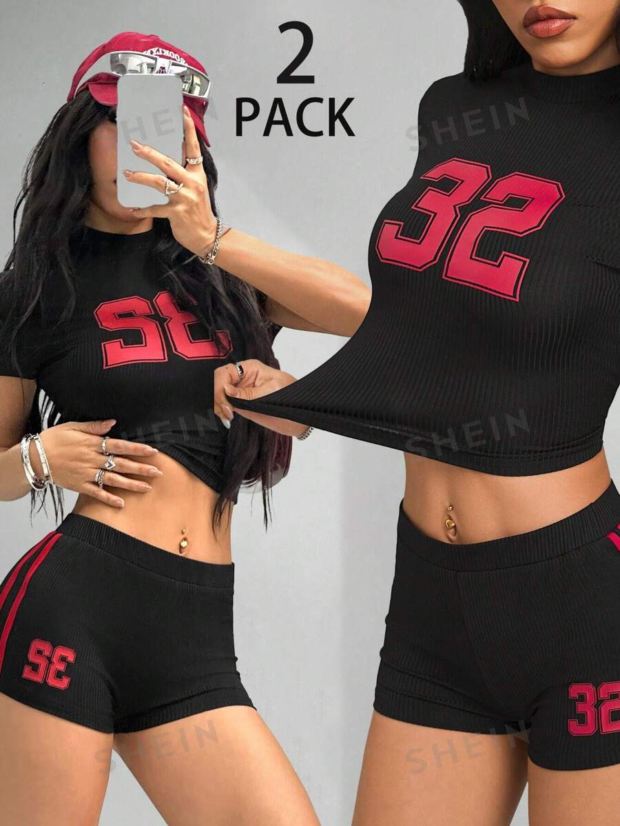 SHEIN EZwear Conjunto de top corto y pantalón corto de dos piezas para mujer, con cuello de tortuga elástico negro, con gráficos de patrón numérico vintage, para uso diario, citas y festivales primaverales y veraniegos
