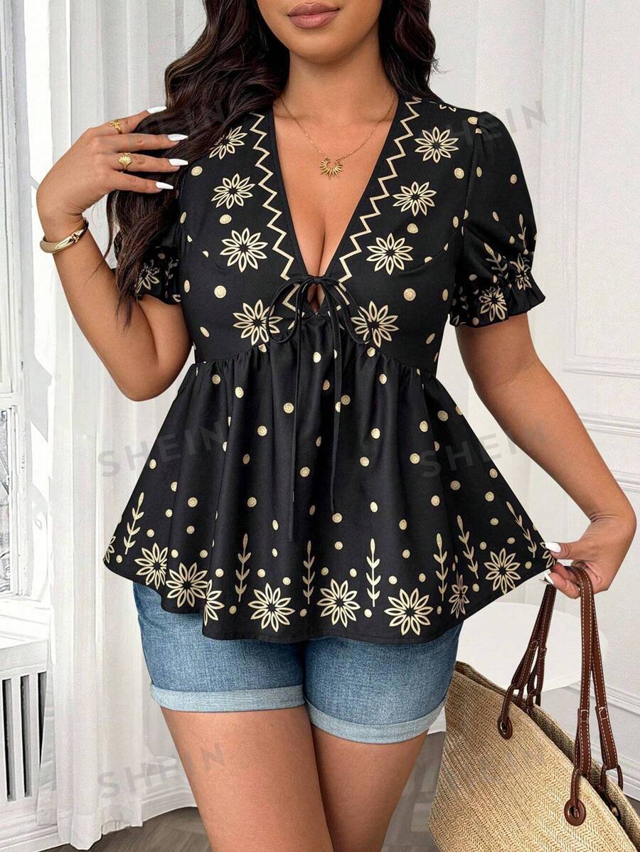 Breezaya Blusa ajustada de manga corta con cuello en V profundo y estampado floral para mujer de talla grande