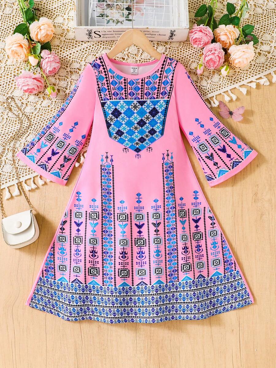 SHEIN Vestido con estampado geométrico rosa y azul para niñas, adecuado para uso casual diario