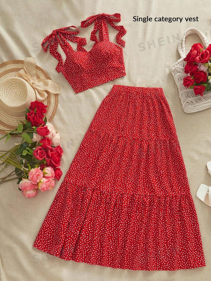 SHEIN VCAY Top corto ajustado de tirantes con estampado tejido y anudado para mujer - Conjunto de primavera, ropa urbana y atuendo casual para vacaciones