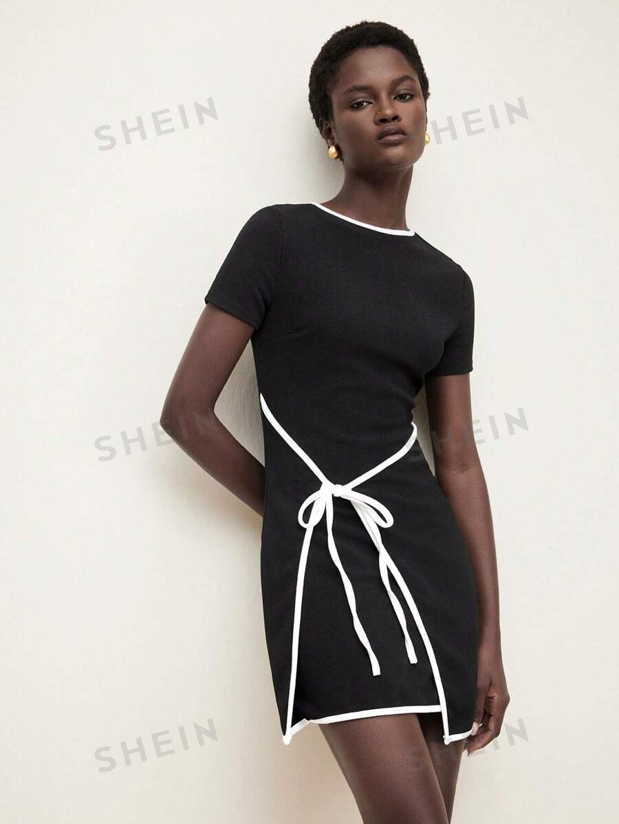 BizChic Vestido de mujer 2025 de nuevo verano, con cuello redondo, nudo en la cintura, bajo irregular. Adecuado para uso diario, casual, elegante, para playa, resort, bodas, conciertos campestres, brunch, aeropuerto. Estilo vintage de 180s de Estocolmo