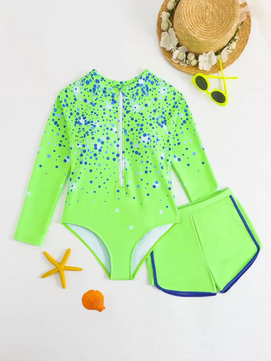 SHEIN 1pc Girls Big Tween Girl One-Piece Swimsuit With Shorts, Color Blocking Design, Pink And Blue Polka Dot Shiny Print, Sweet And Fashionable Minimalist Design, Summer Swimwear