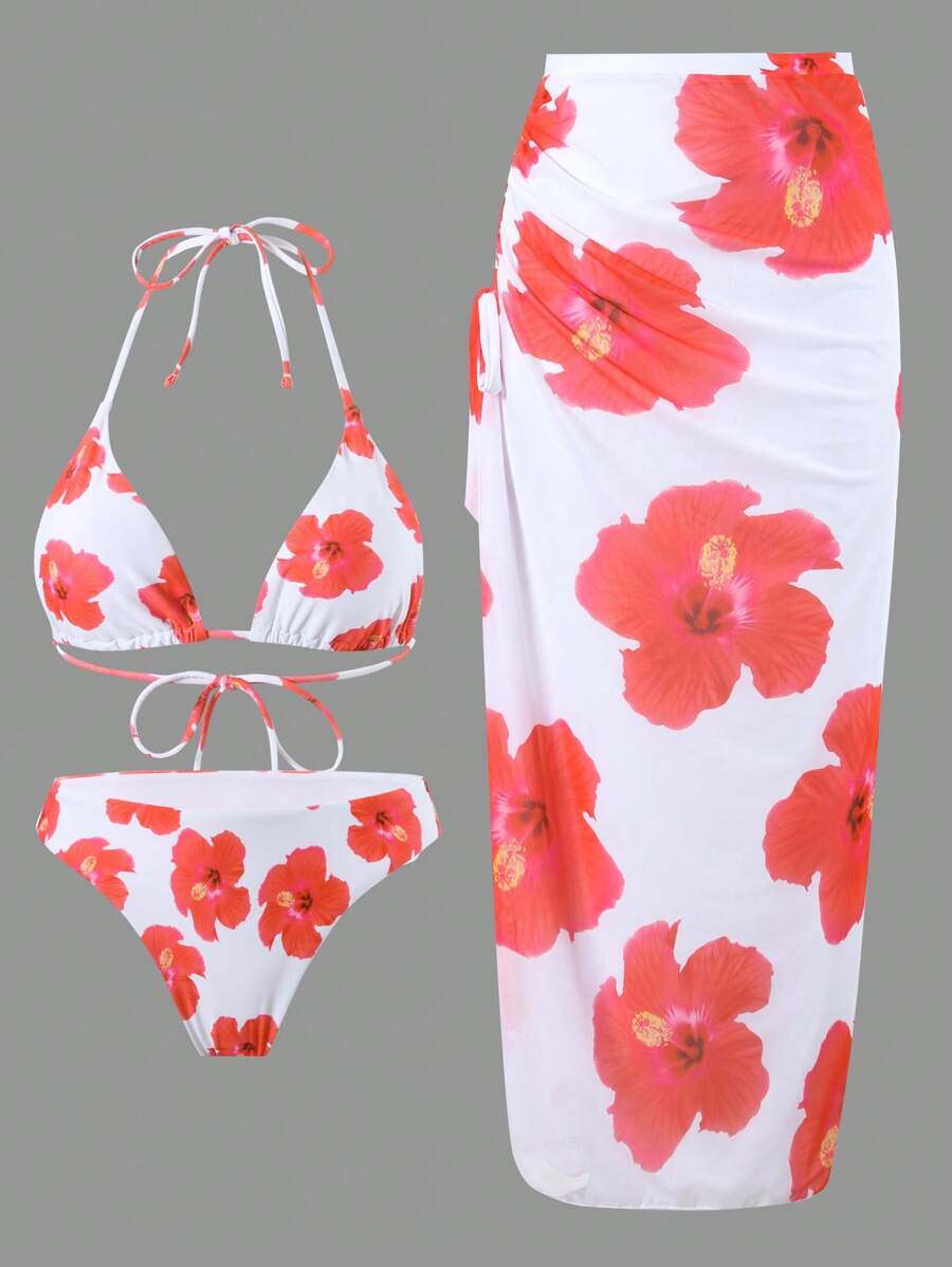 SHEIN Swim 3-częściowy zestaw strojów kąpielowych dla kobiet, wyszczuplający i seksowny bikini, odpowiedni do pływania, na basen, do spa i na wakacje