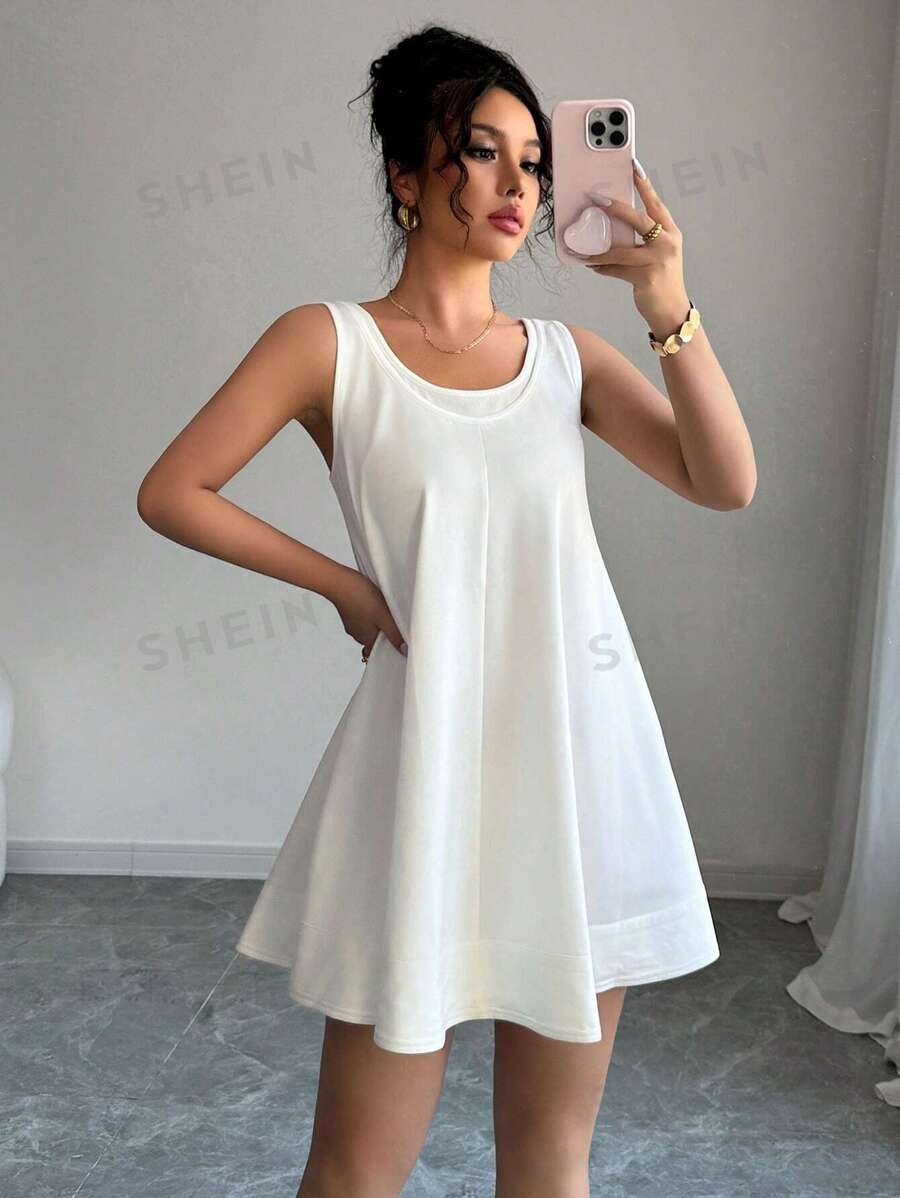 Elenzga Vestido corto de mujer sin mangas con dobladillo ancho, de moda casual