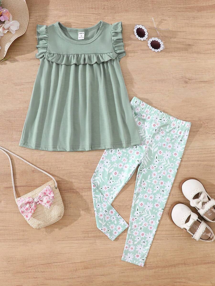 SHEIN Set 2 bucăți pentru fetiță, de vacanță, ocazional, top cu volane și jambiere florale pentru primăvară
