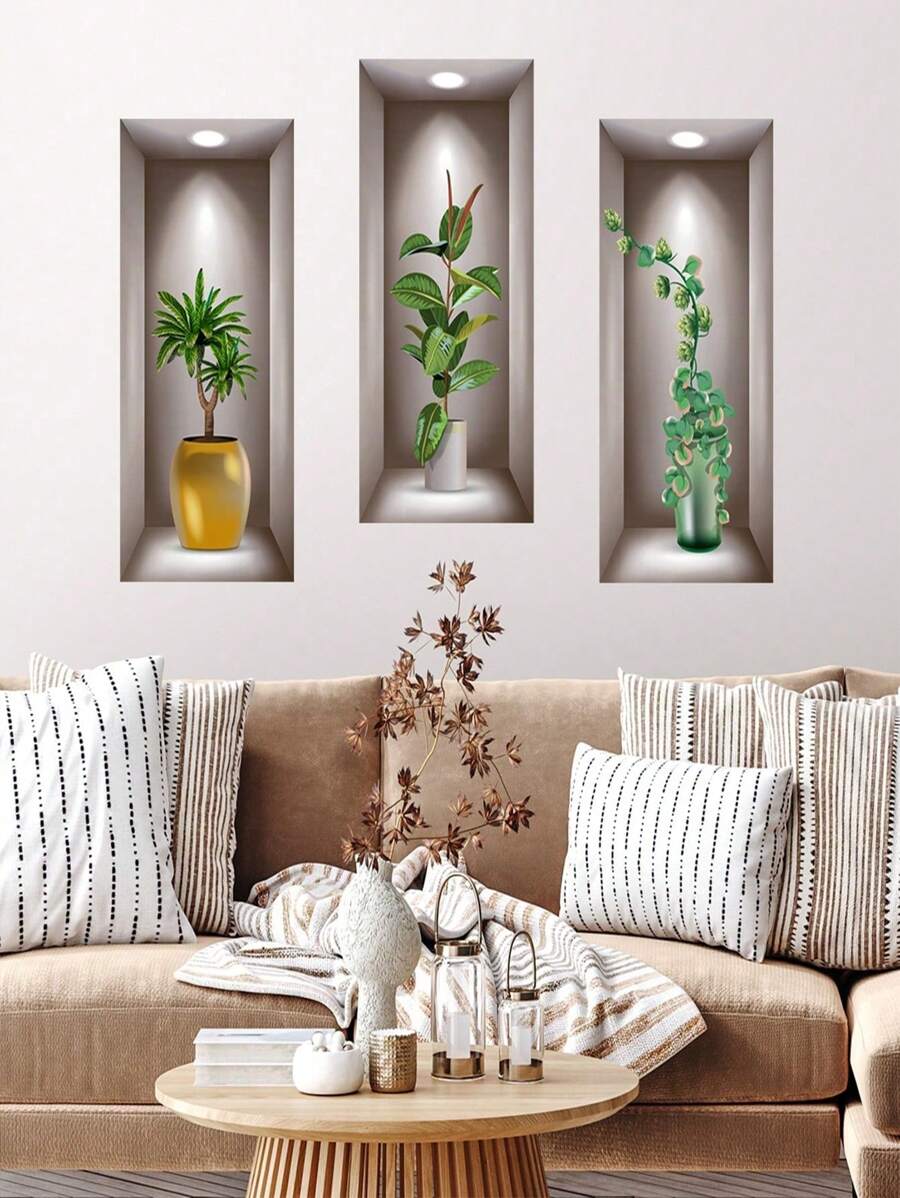 SHEIN 1pc (20*40*3pcs) 3D Effect Artistic Triptych Wall Sticker For Background Decoration In Living Room And Entrance-Way, Renovation Stickers Peel Wall Panels, Wall Paper, Wallpapers, Spring Decoration Items Refresh Your Home, Rama Decoration Stickers