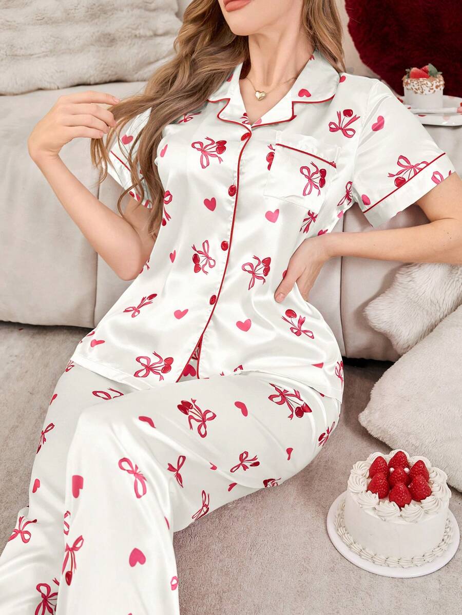 Conjunto de pijama de mujer con estampado de lacitos y cerezas, de seda sintética, con abertura frontal y cuello solapa