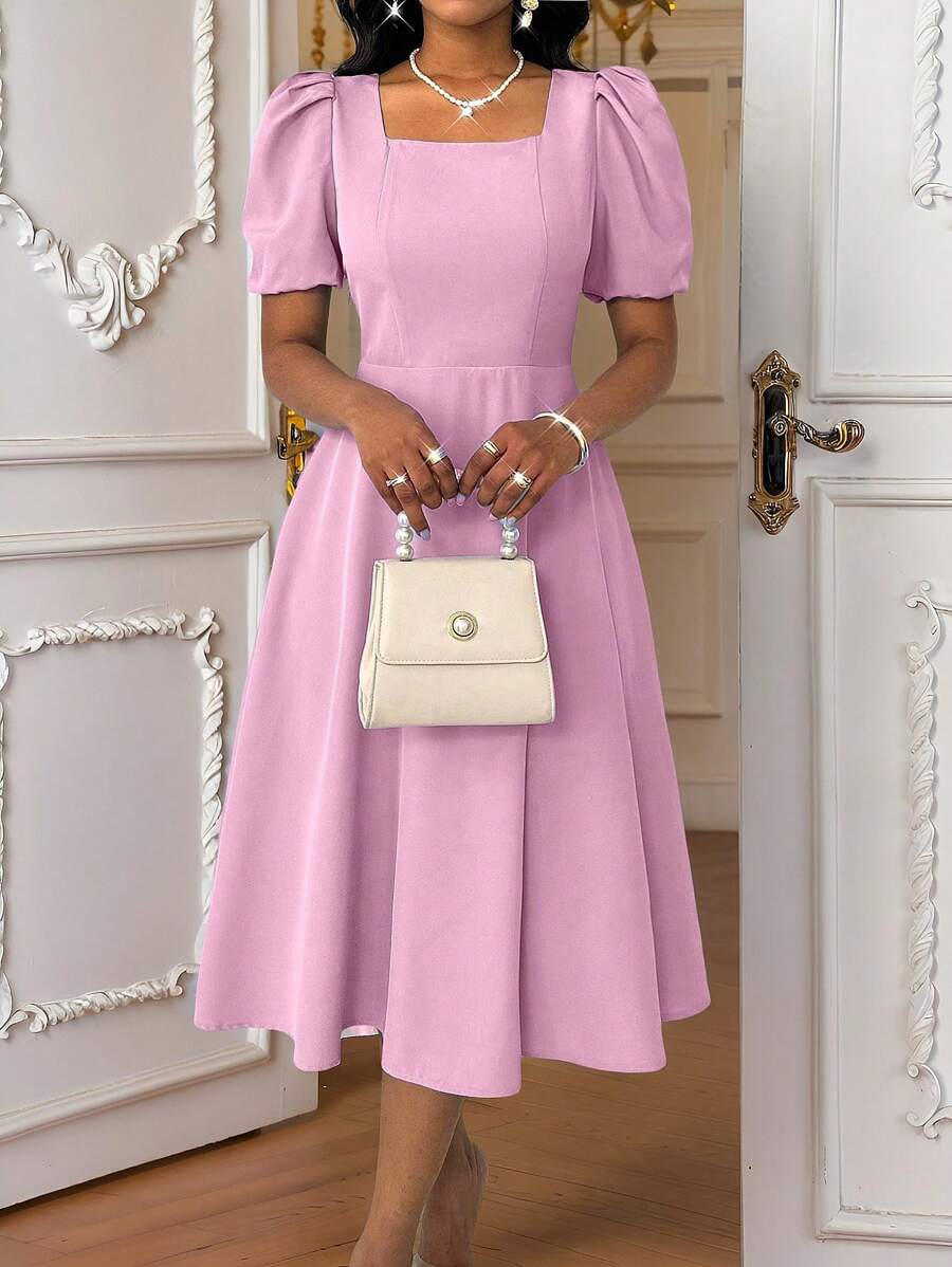 Lyxana Elegante e alla moda vestito blu da donna versatile per uso quotidiano, con scollo quadrato, maniche a palloncino e vita svasata