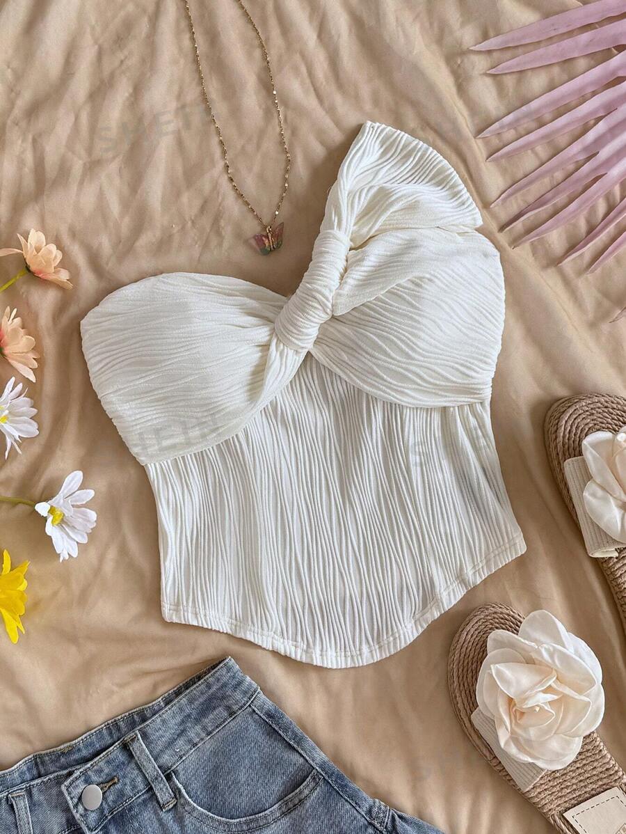 Soleia Blusa de punto de textura ondulada blanca con diseño de lazo retorcido, bajo curvo y ajuste a la figura, adecuada para fiestas, citas, San Valentín, carnaval, Pascua, té de la tarde, playa, cruceros, vacaciones en la ciudad