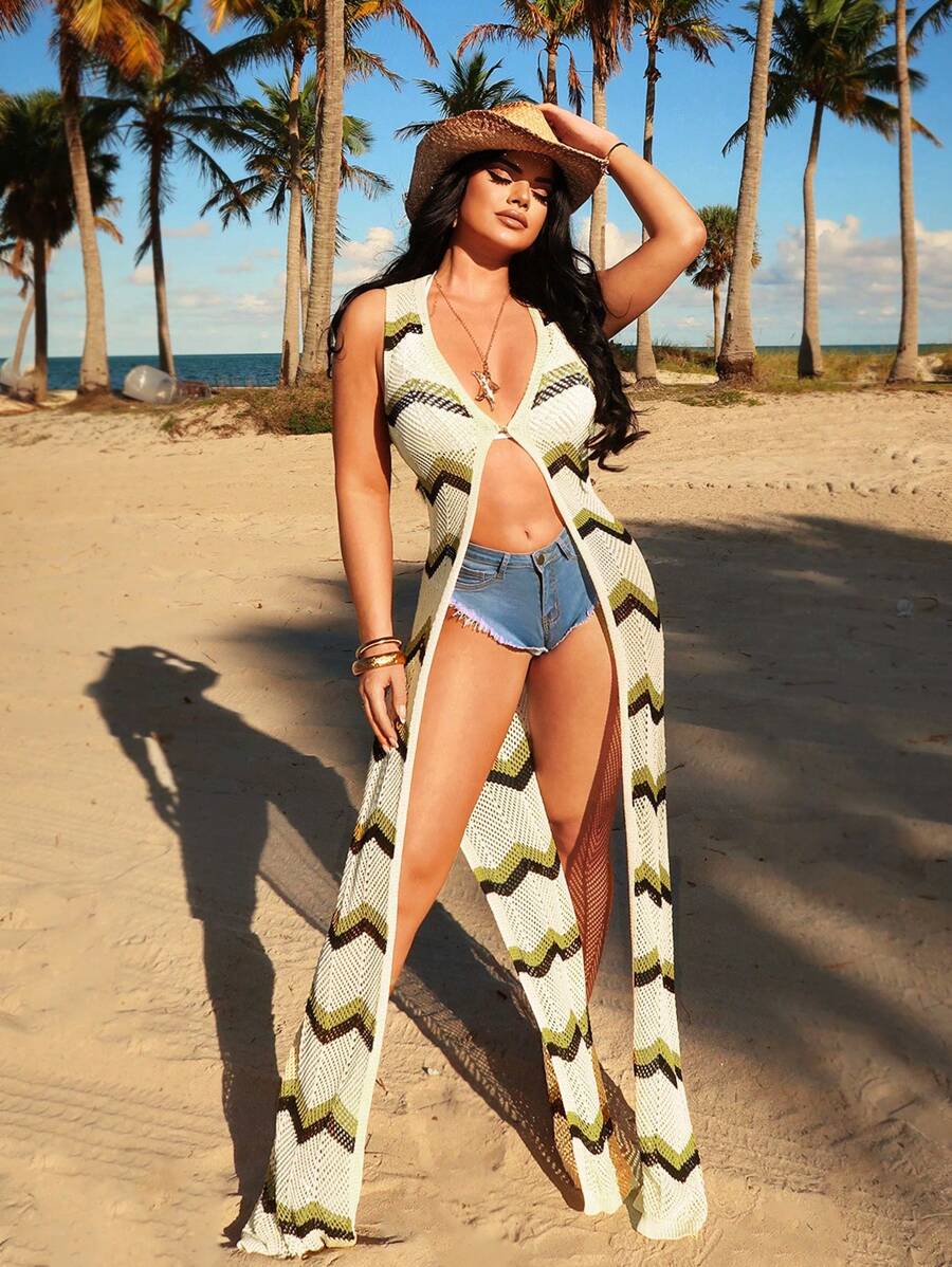 SHEIN SXY Blouse tricotée ample à motif géométrique ouverte à l'avant et sans manches, convient pour le printemps/l'été et les vacances