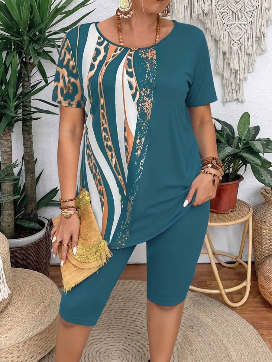 SHEIN LUNE Plus Size Vrouwen Luipaard Print Ronde Hals Korte Mouw Top + Shorts 2 Stuks Set
