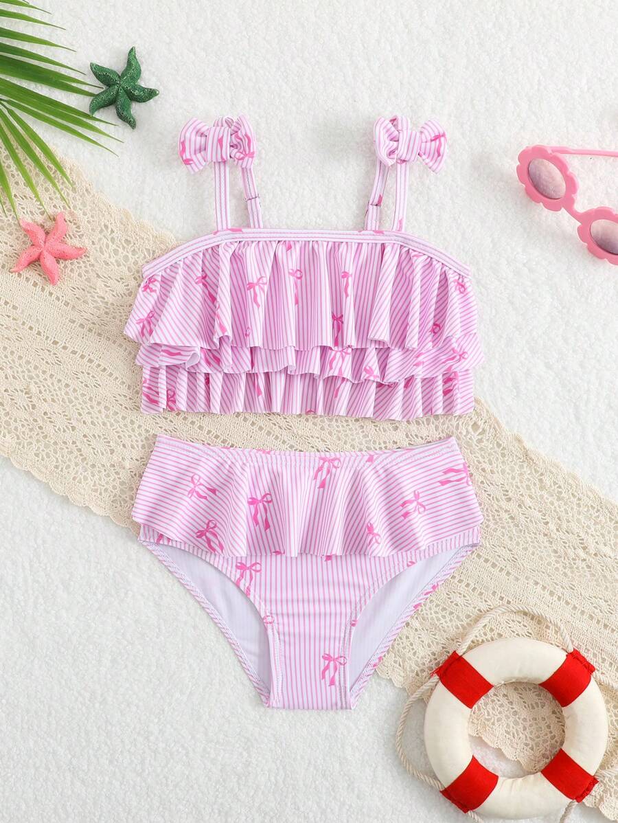 Conjunto de traje de baño para niñas con estampado de moños y volantes, color rosa