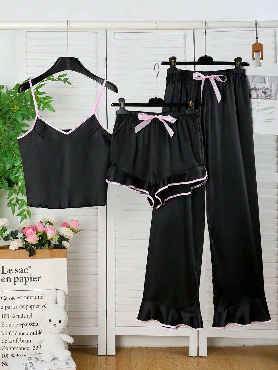 Set de 3 piezas de pijama de mujer elegante con contraste de colores de satín