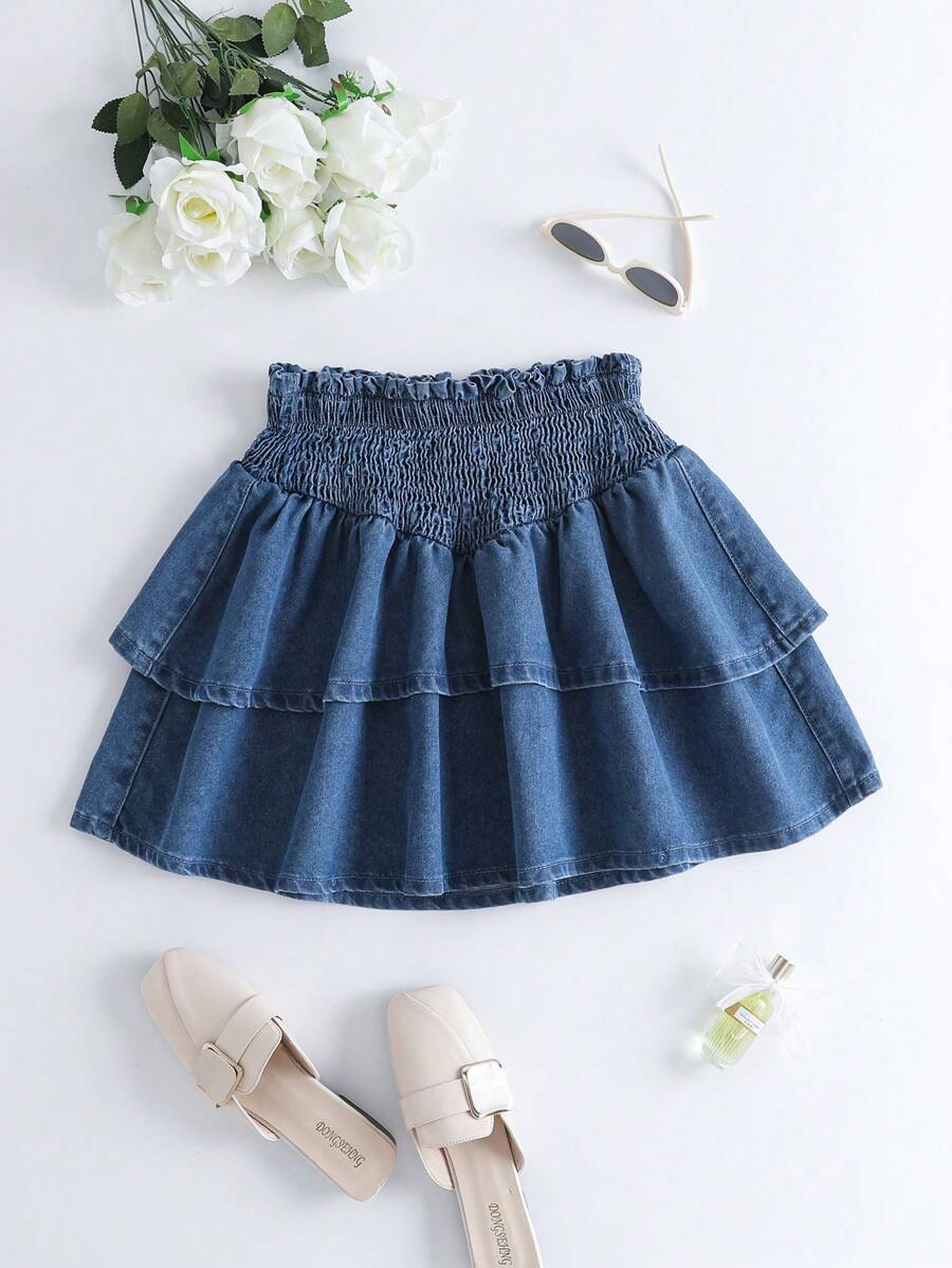 Breezaya Falda corta de denim con volantes de doble capa en el bajo y línea A, para mujer, uso occidental, estilo bohemio