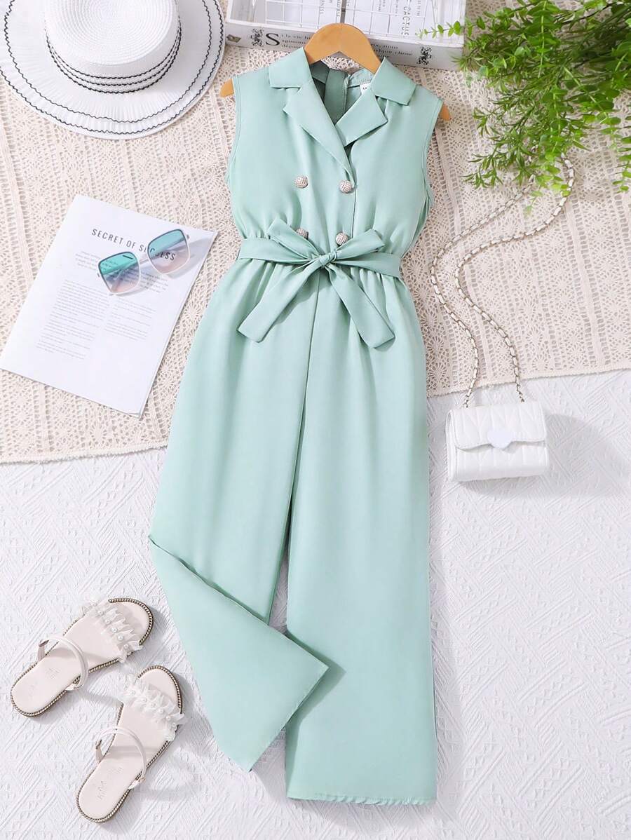SHEIN Mono sin mangas color verde oliva para niñas preadolescentes, con cuello, para vacaciones, uso casual y diario