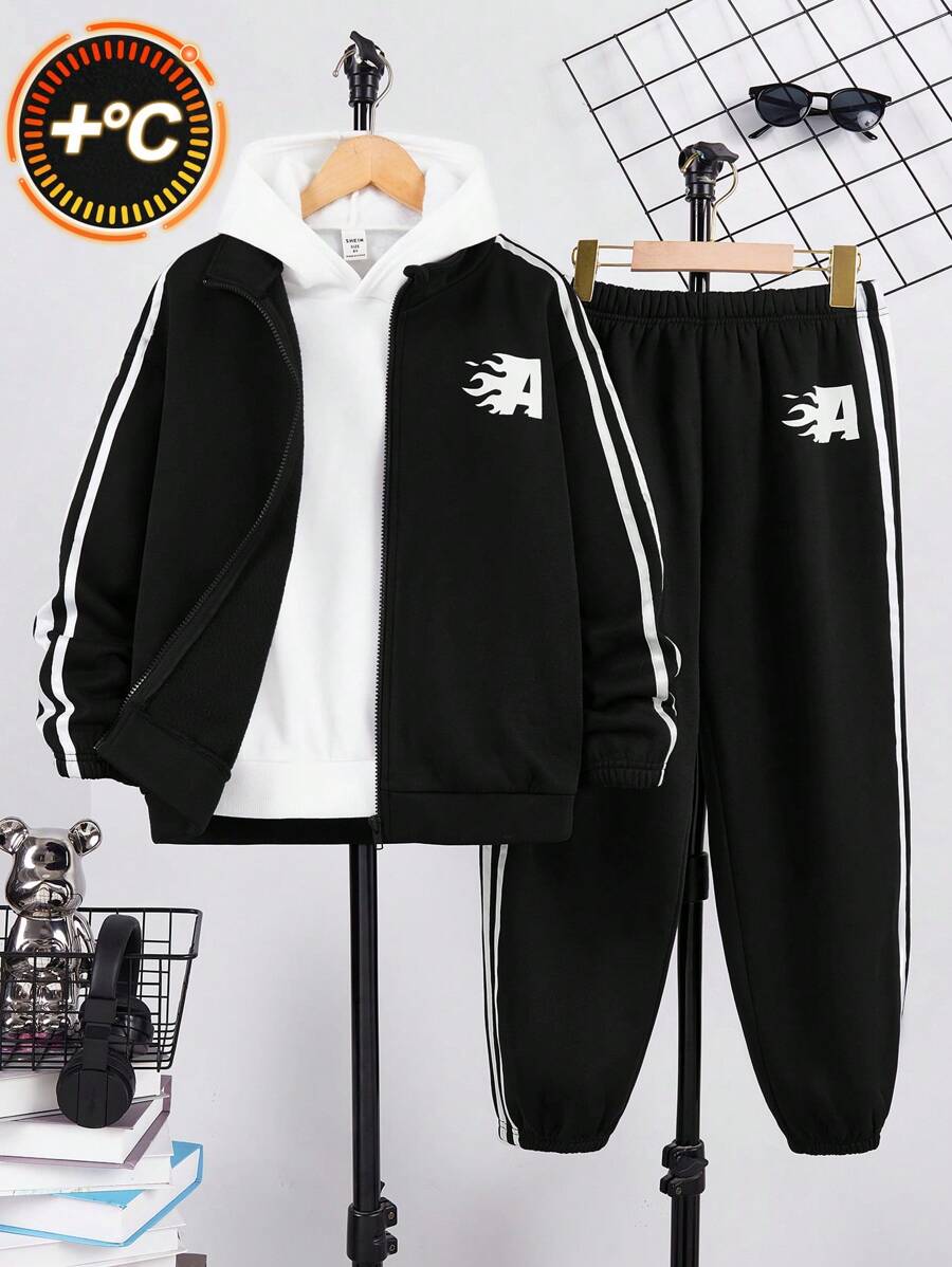 SHEIN 2pcs Set Tween Boys Casual Korean Style Ribbed Collar Zip-Up Hoodie & Relaxed Fit Jogger Pants, Suitable For Commute, School, Daily, Holiday, Sports, Spring Summer Autumn Winter