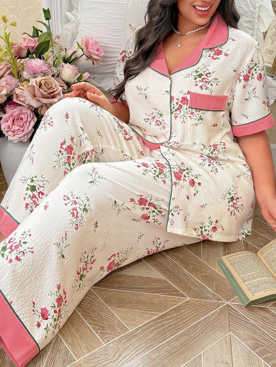 CottageSlumber Conjunto de ropa de dormir floral arrugada de talla grande