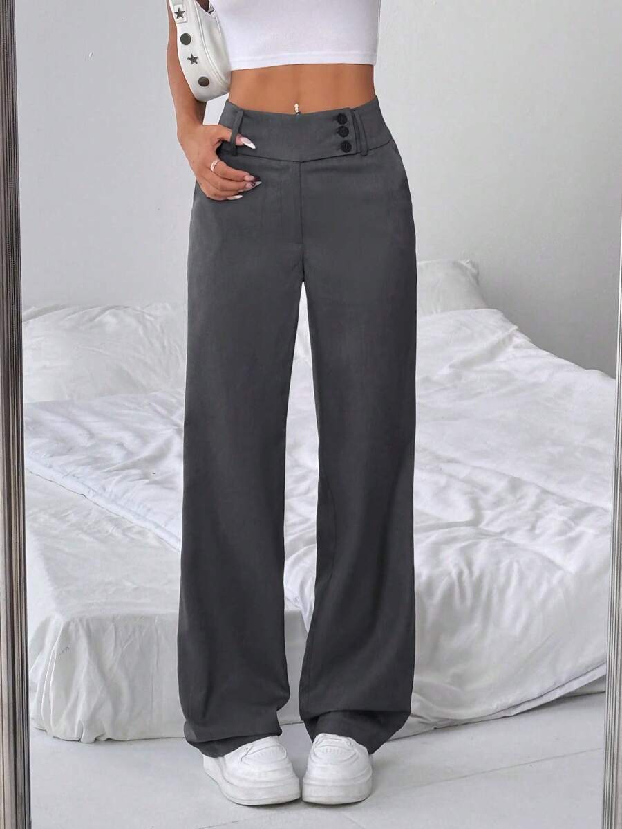 SHEIN PETITE Pantaloni dritti a vita alta con design a bottoni, modello ampio