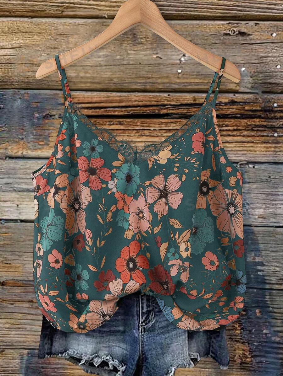 SHEIN VCAY Blusa de tirantes de talla grande con estampado floral, encaje de contraste y diseño elegante bohemio, ideal para vacaciones, citas y fiestas