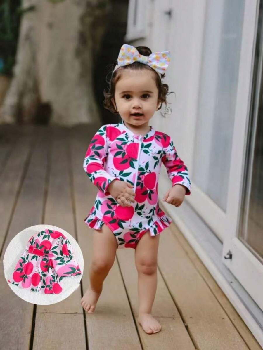 SHEIN Baby Girls Ruffled One-Piece Swimsuit With Random Print, Including Hat (Swimwear)