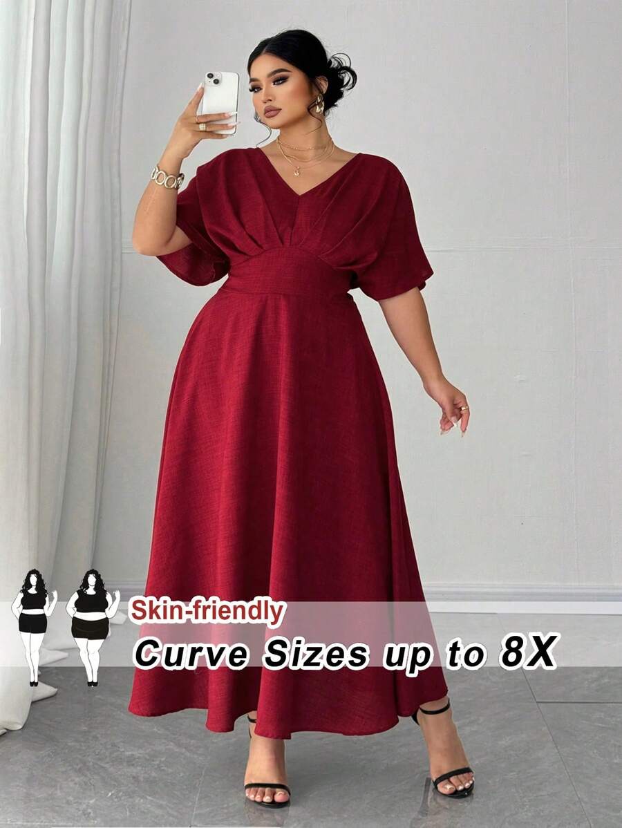 SHEIN CURVE+ Vestidos de cumpleaños talla grande CURVE+, vestidos de fiesta, elegantes, formales para mujeres, vestidos de noche, vestido rojo, plisado