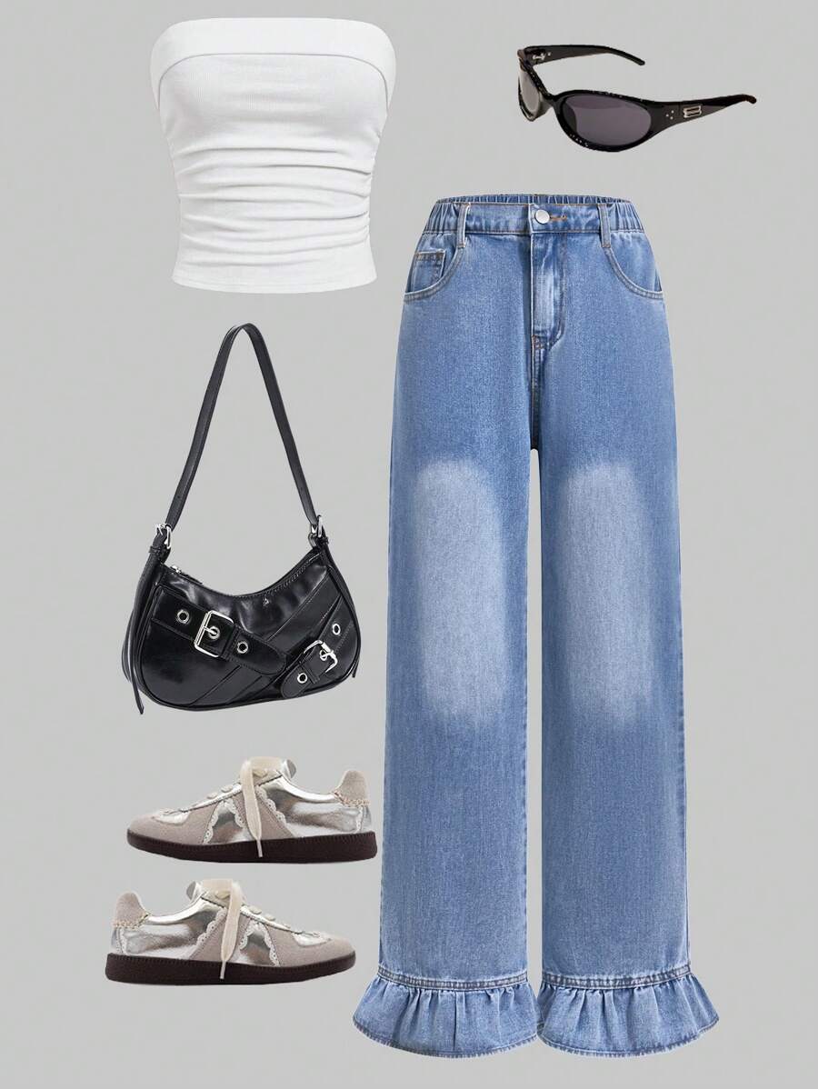 Teens Girls Loose Flared Hem Ruffled Washed Denim Jeans, Fashionable Minimalist College Style