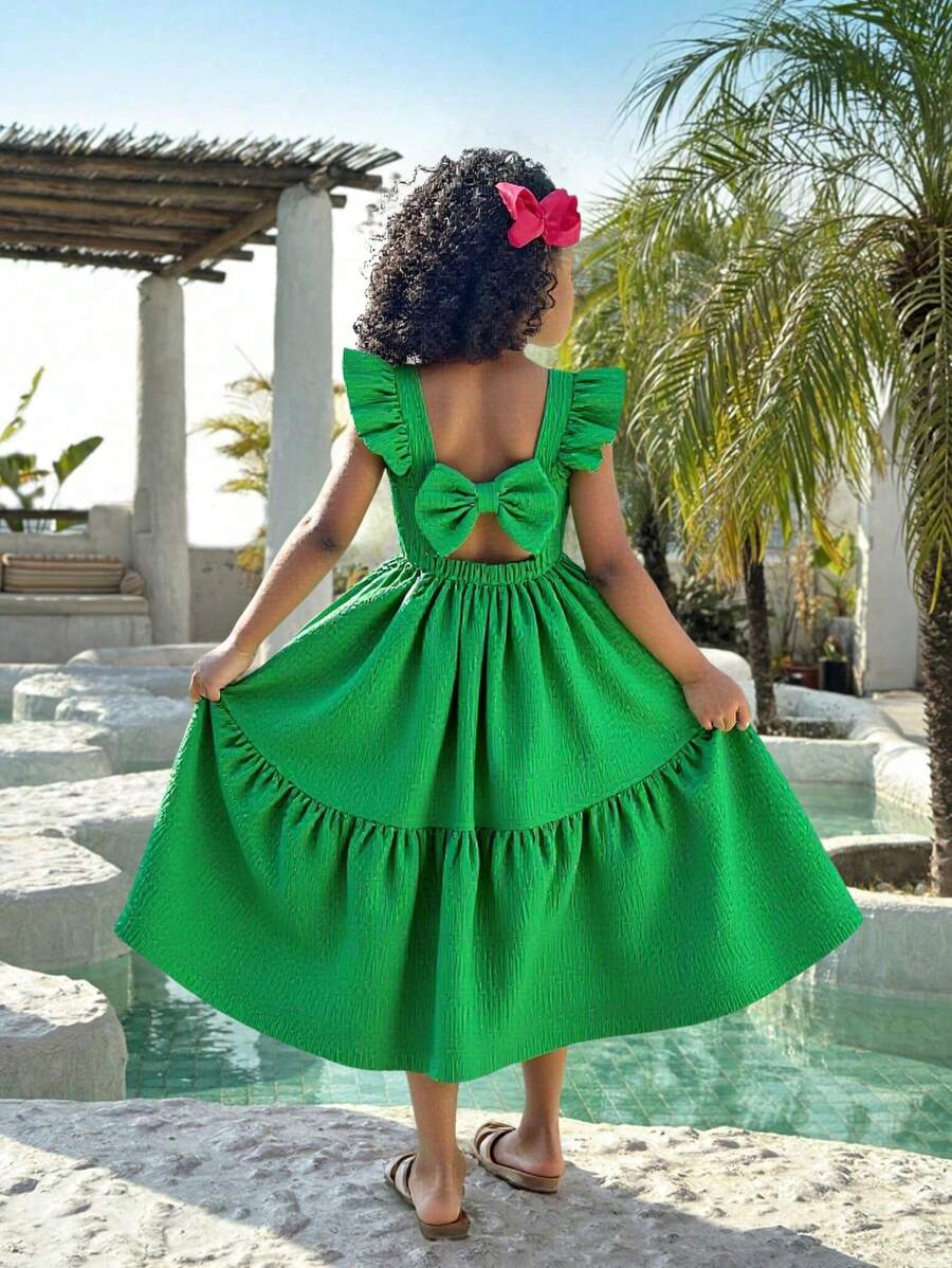 SHEIN Vestido de verano de nueva moda para vacaciones de playa, vestido largo con tirantes de lazo y espalda descubierta con mangas de campana para niñas y adolescentes, dulce y suave vestido para viaje a la playa