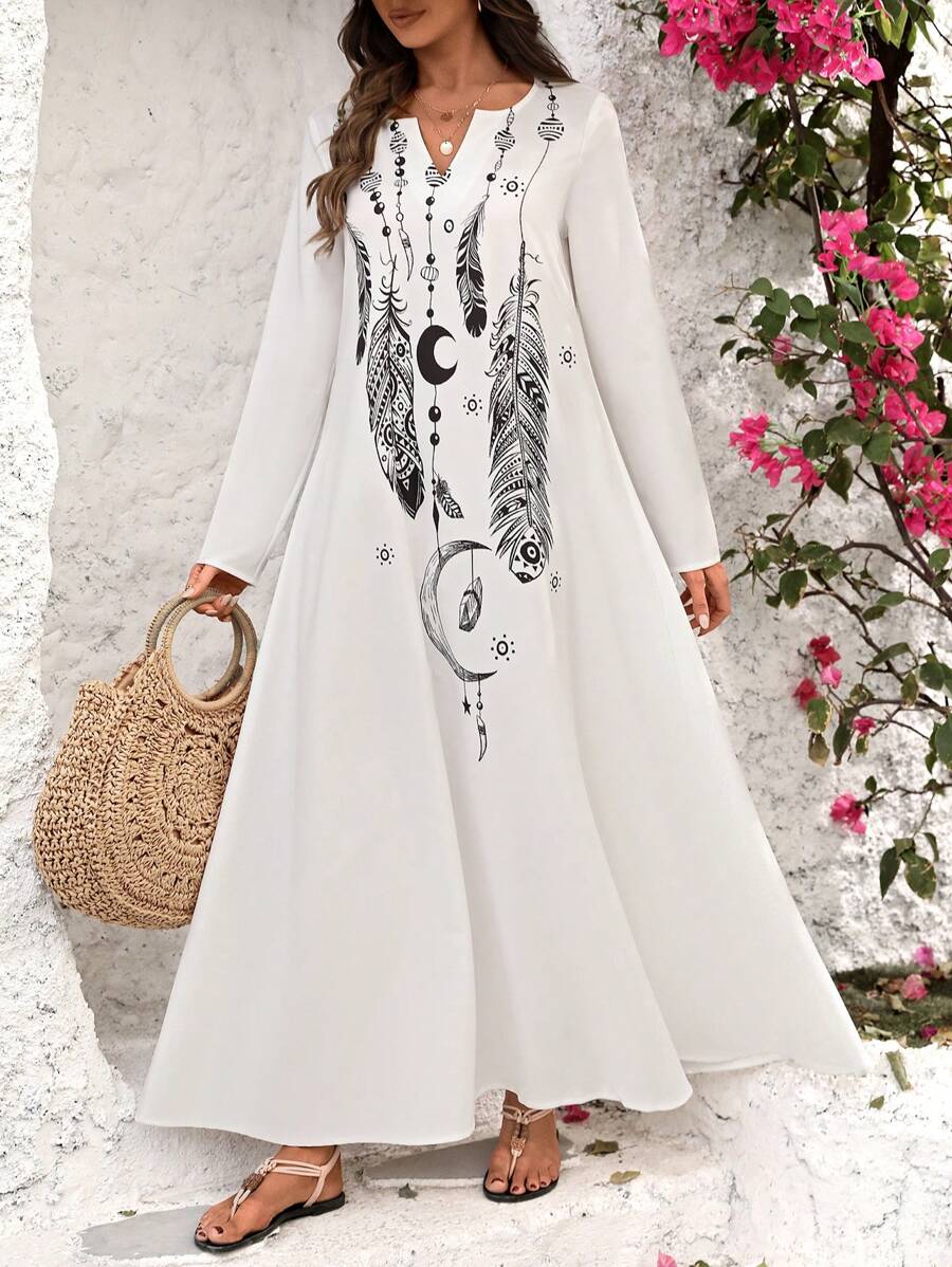 SHEIN PETITE Women Feather Print V-Neck Casual Maxi Dress