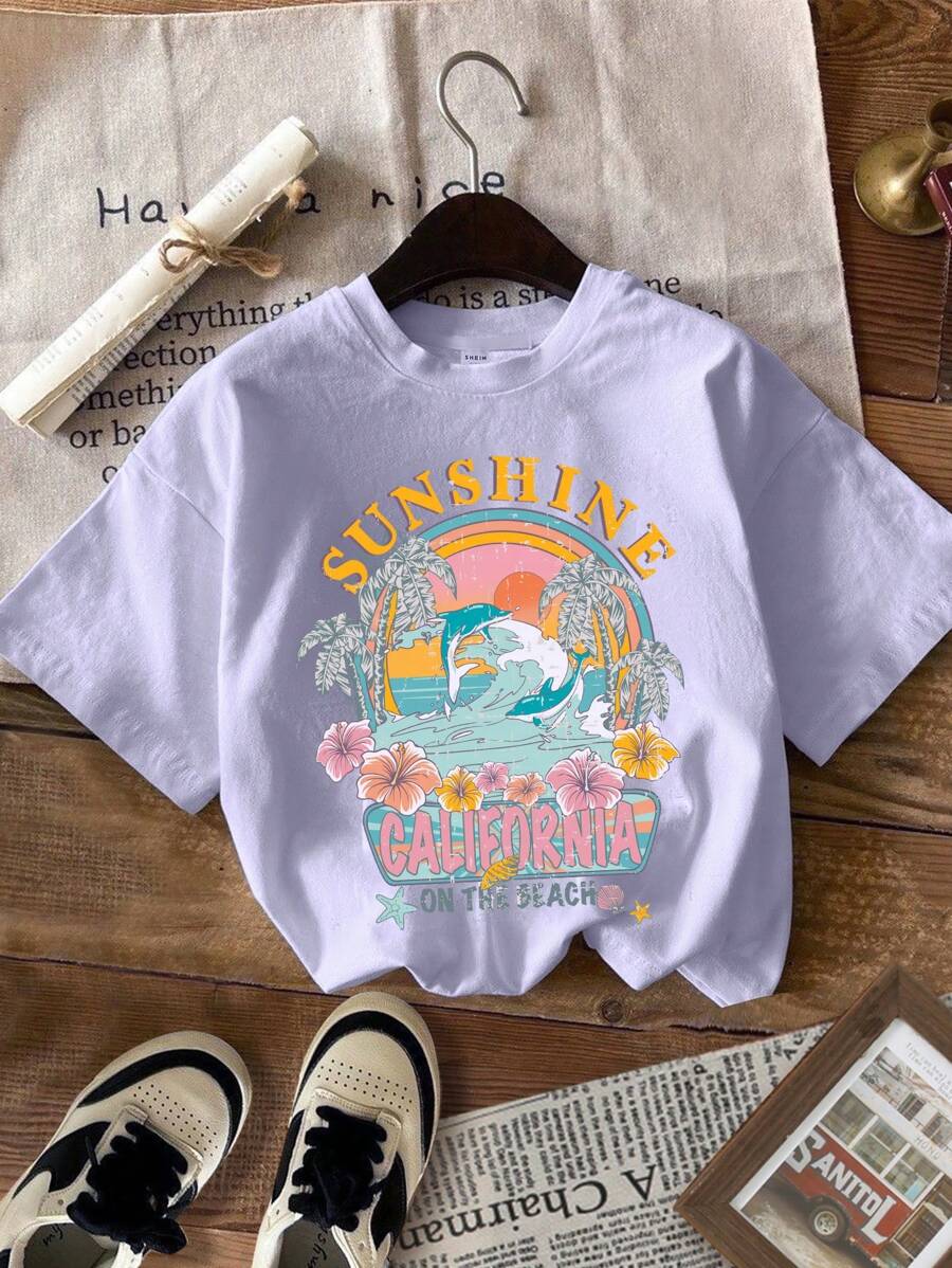 SHEIN Tween Girl Casual Minimalista Manga Curta Gola Redonda T-Shirt, Adequado Para O Verão