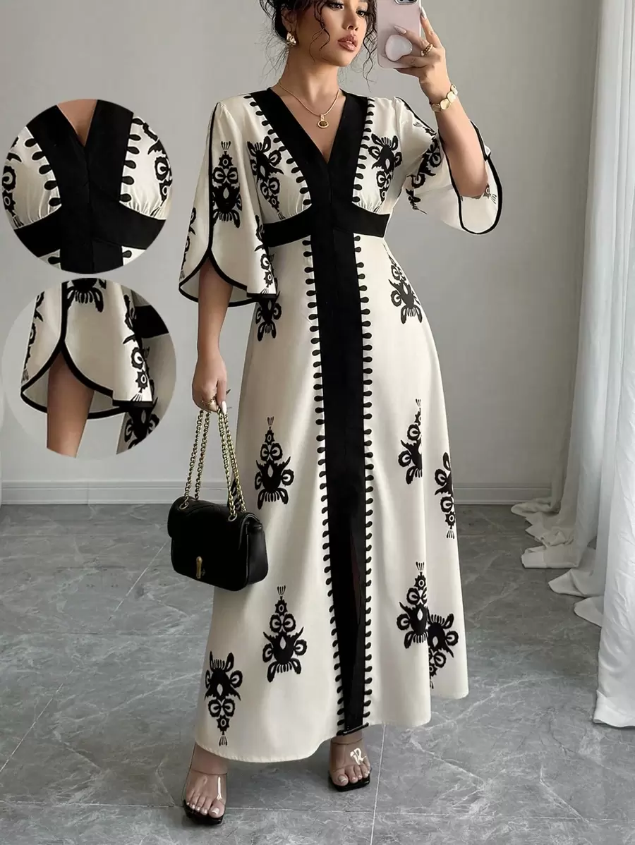 Calvaya Women's Colorblock Flare Sleeve Graphic Print Casual Long Dress