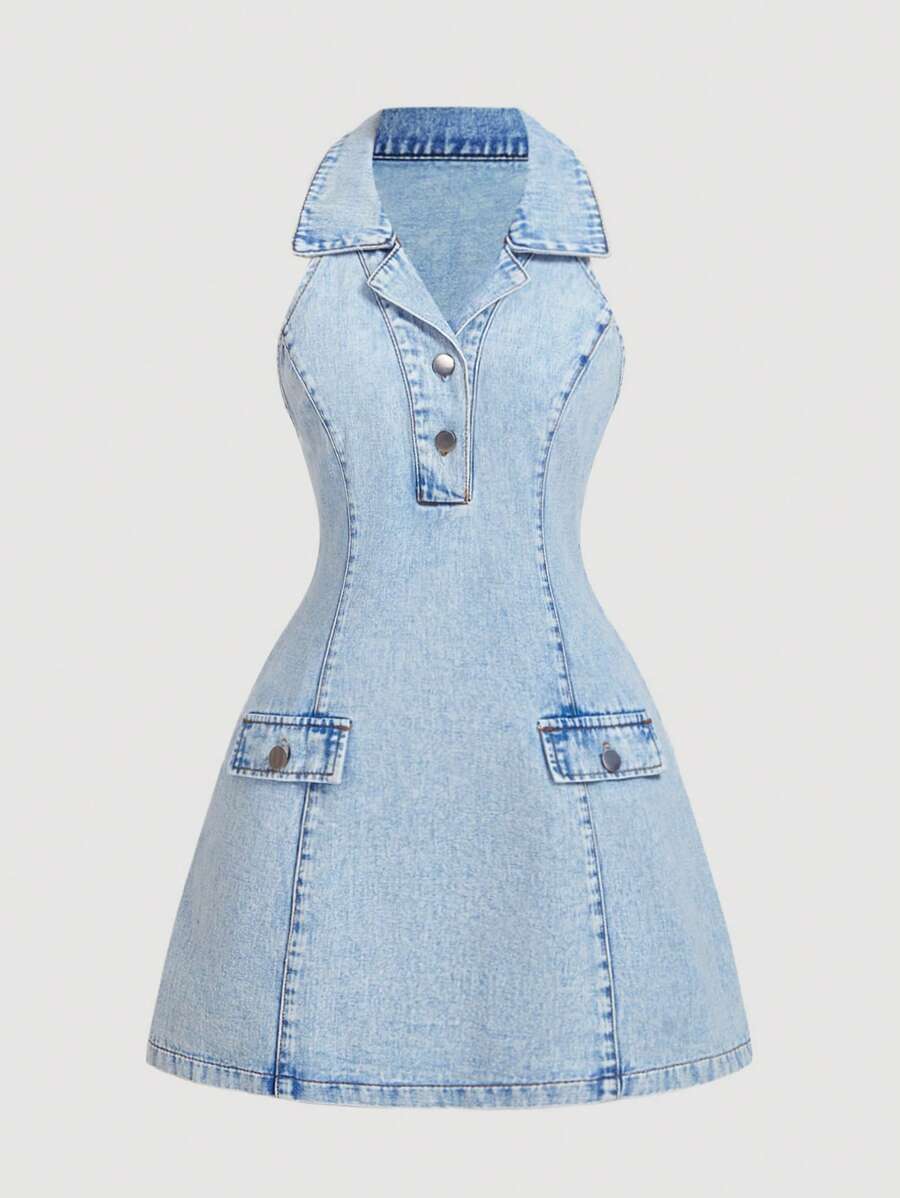 SHEIN MOD Vestido corto de mezclilla para mujer, informal con cuello de halter ajustado, color azul