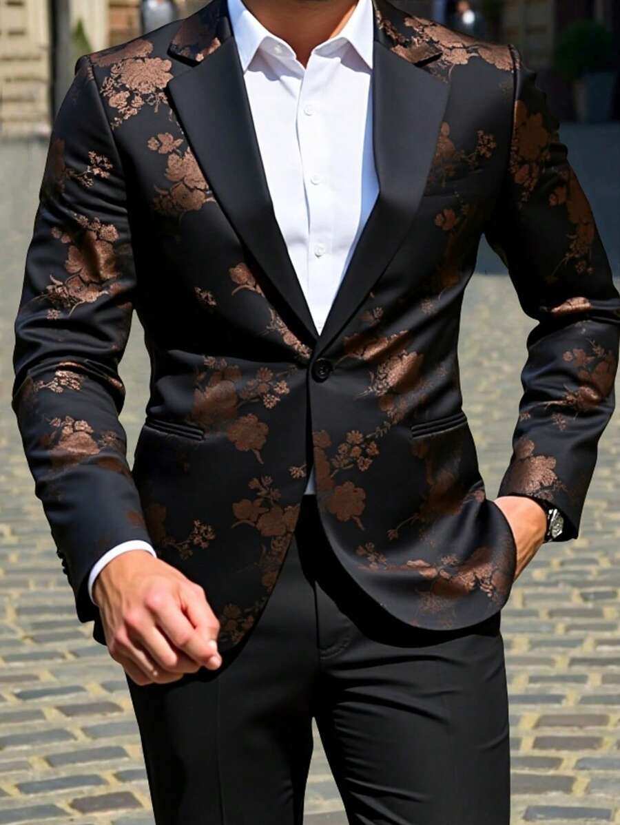 Manfinity Mode Men's Floral Jacquard Lapel Neck Jacket And Trousers Suit, Flowered Men Blazer