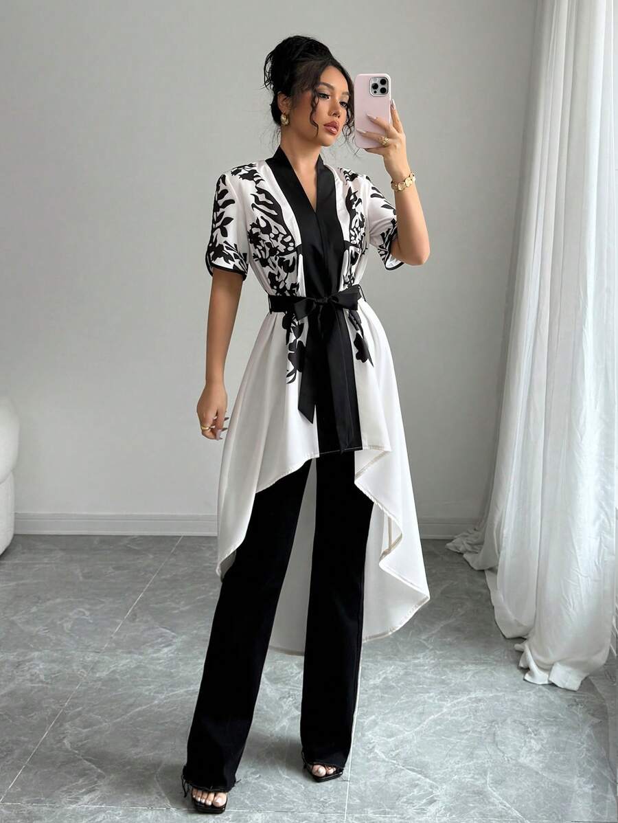 Elenzga Koszula w stylu Apricot Base Black Floral Print French Elegant Precision Swallowtail Hem Digital Print Long Vacation, wiosna/lato